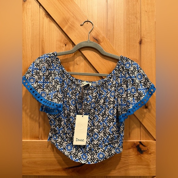 Dixie Women’s Blue Print Off Shoulder Top Size S Made In Italy - Picture 2 of 3